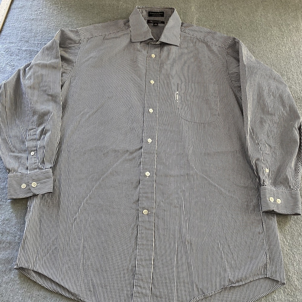 Faconnable Shirt 5 16.5R Navy Stripe Button Up 100% Cotton Long Sleeve France‎ - Picture 2 of 16